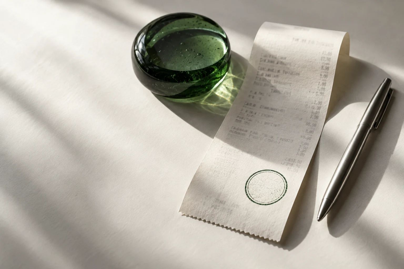 A paper receipt, deep green glass paperweight and silver pen in soft daylight